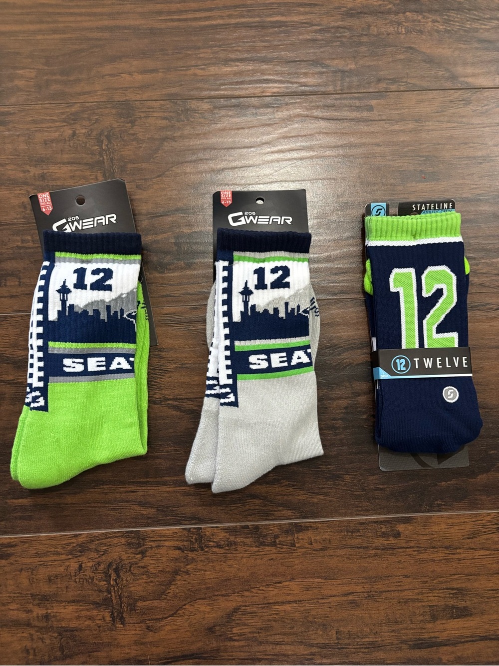Seattle 12 Crew Athletic Socks - Navy, Gray, Lime Green